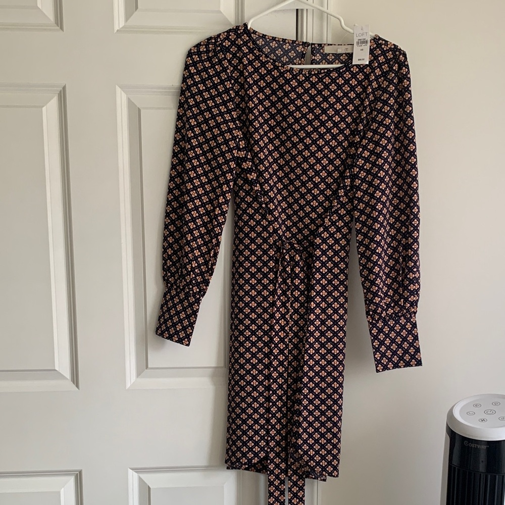 LOFT Navy Blue and Pink Geometric Long Sleeve Dress
